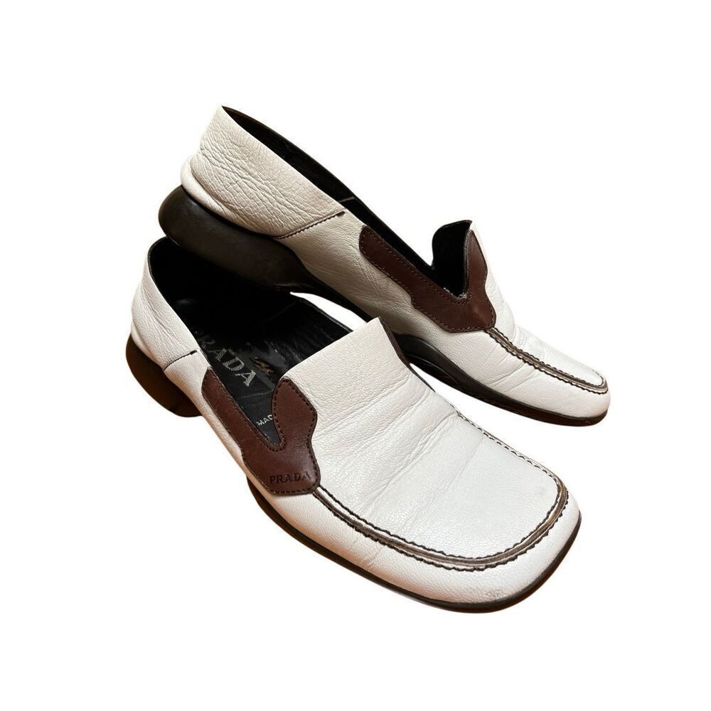 Vintage Prada White Brown 2 Tone Leather Slip On Loafer Deck Yacht Shoes 37.5